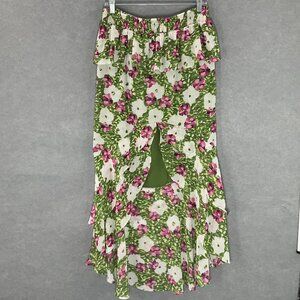 Bar‎ III Skirt Women Sz L Green Floral Garden Pull Up Elastic Waist High Low Hem